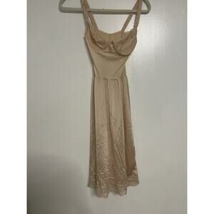 Vintage OLGA 34C Long Slip Lingerie Dress Beige With Lace